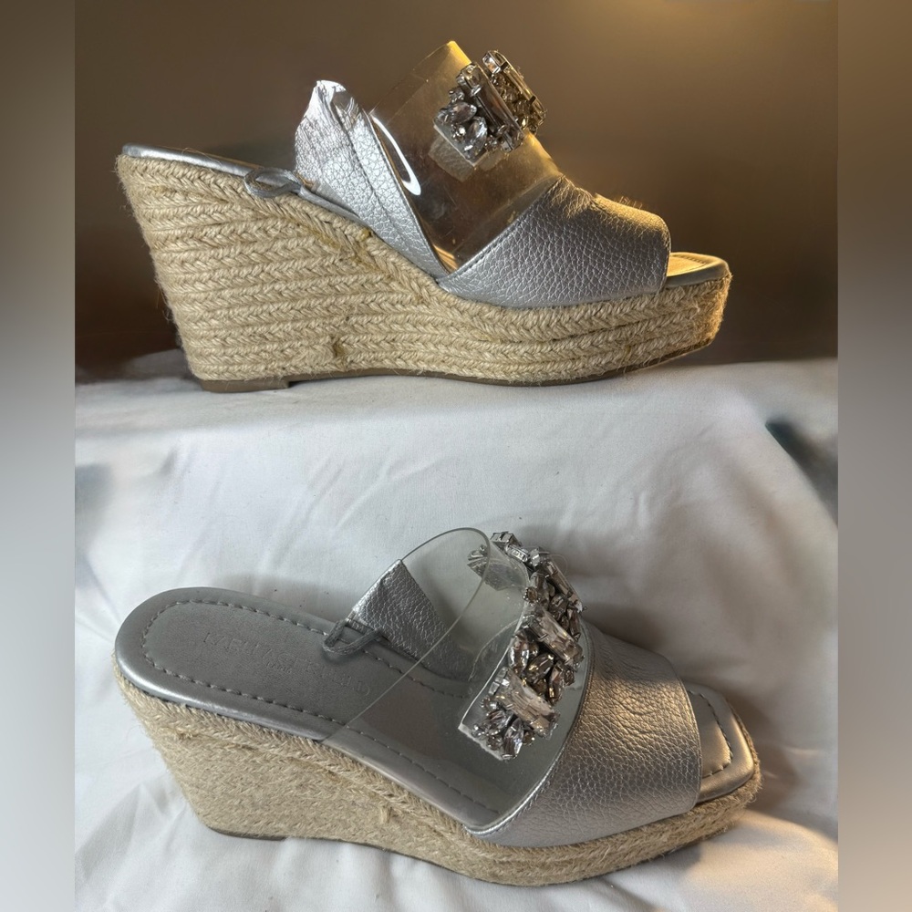 KARL LAGERFELD Women's Silver Metallic Bijou Rhinestone Espadrilles  SZ 8